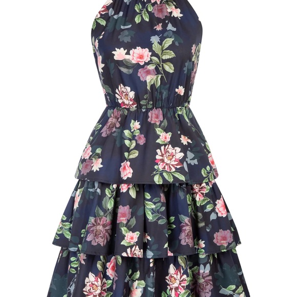 Belle Poque, floral printed elastic waist cake dress sleeveless haltered 3-layer - Picture 4 of 5